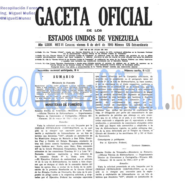 Gaceta Oficial 126 del 6 Abril 1945