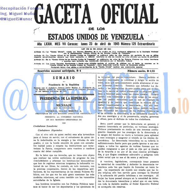 Gaceta Oficial 129 del 23 Abril 1945