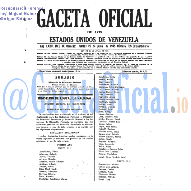 Gaceta Oficial 135 del 26 Junio 1945