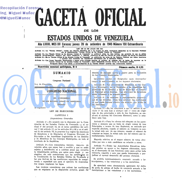 Gaceta Oficial 150 del 20 Septiembre 1945