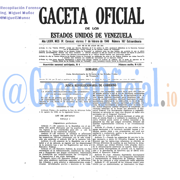 Gaceta Oficial 167 del 1 Febrero 1946