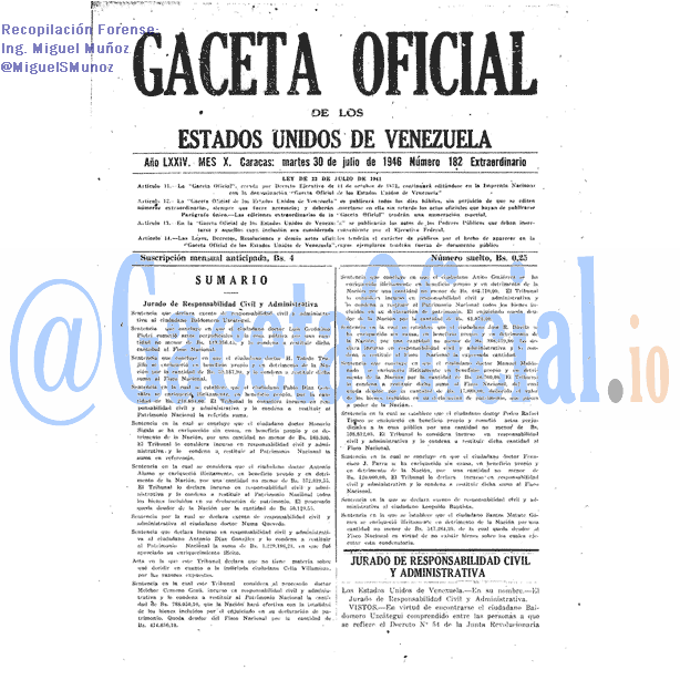 Gaceta Oficial 182 del 30 Julio 1946