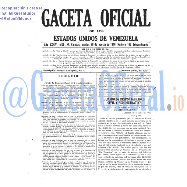 Gaceta Oficial 185 del 20 Agosto 1946