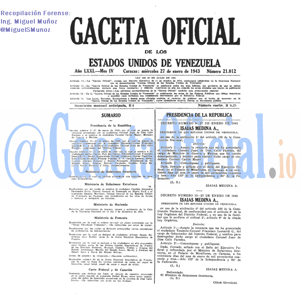 Gaceta Oficial 21012 del 27 Enero 1943