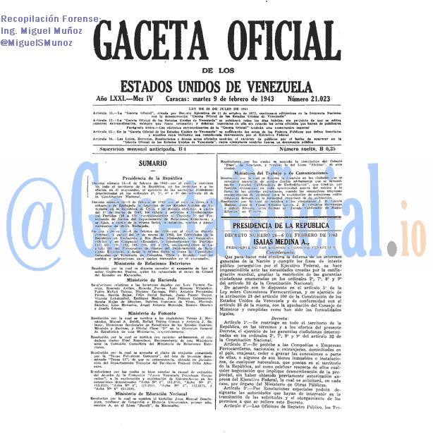 Gaceta Oficial 21023 del 9 Febrero 1943