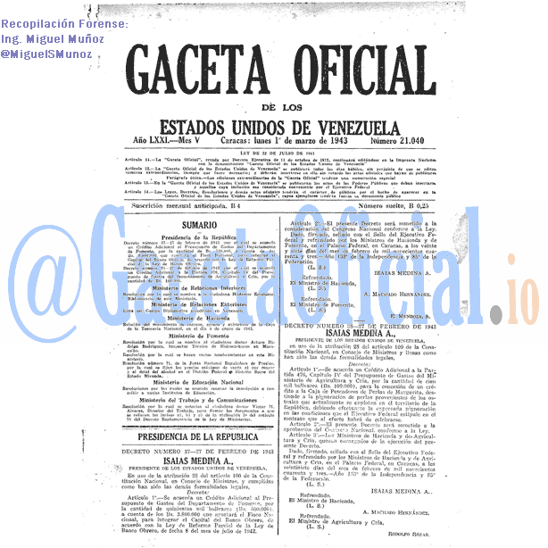 Gaceta Oficial 21040 del 1 Marzo 1943