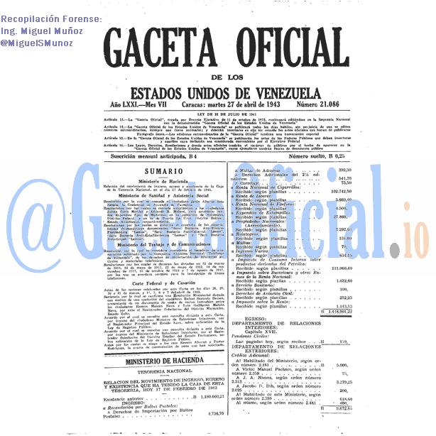 Gaceta Oficial 21086 del 27 Abril 1943
