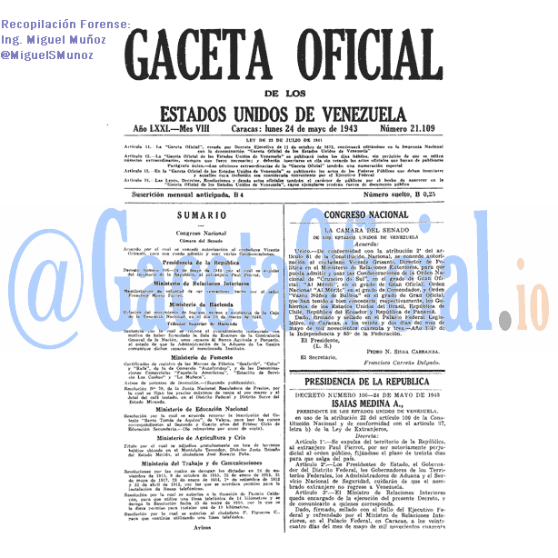 Gaceta Oficial 21109 del 24 Mayo 1943