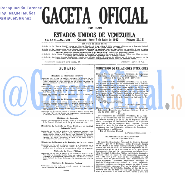 Gaceta Oficial 21121 del 7 Junio 1943