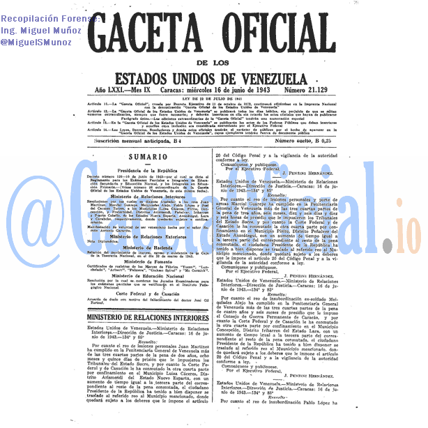 Gaceta Oficial 21129 del 16 Junio 1943