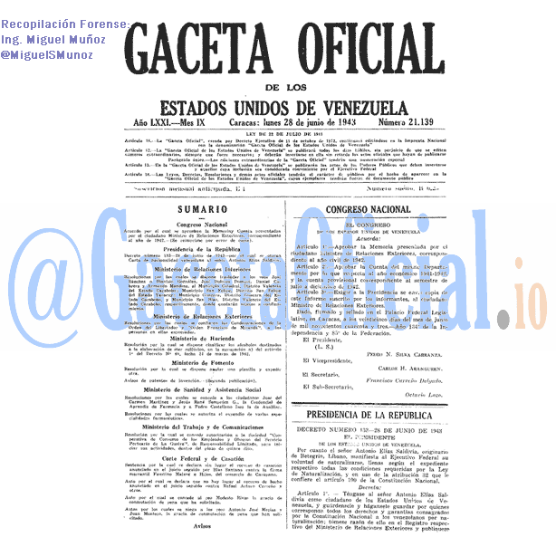 Gaceta Oficial 21139 del 28 Junio 1943