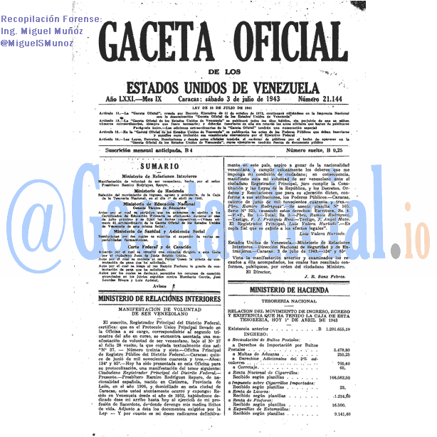 Gaceta Oficial 21144 del 3 Julio 1943