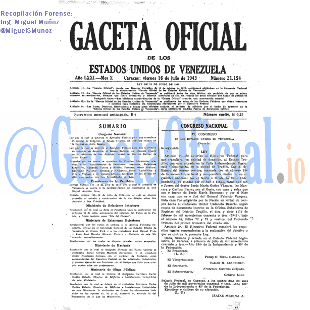 Gaceta Oficial 21154 del 15 Julio 1943