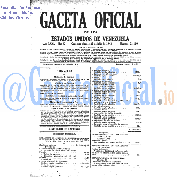 Gaceta Oficial 21160 del 23 Julio 1943