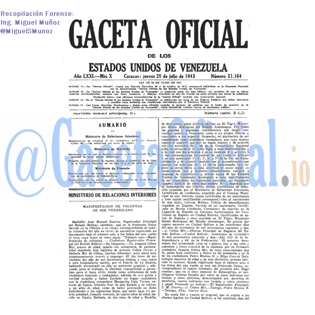 Gaceta Oficial 21164 del 29 Julio 1943