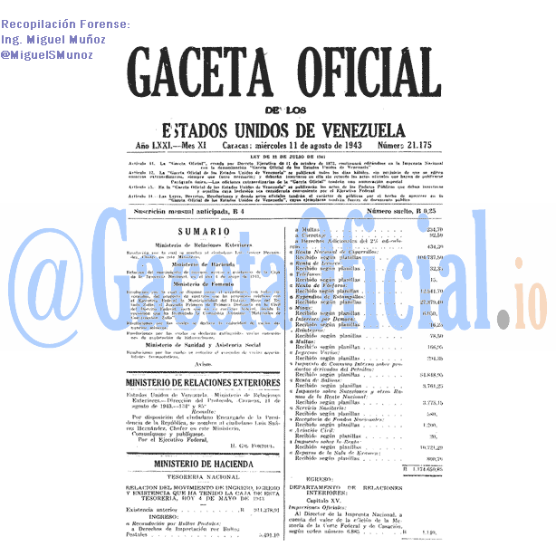 Gaceta Oficial 21175 del 11 Agosto 1943