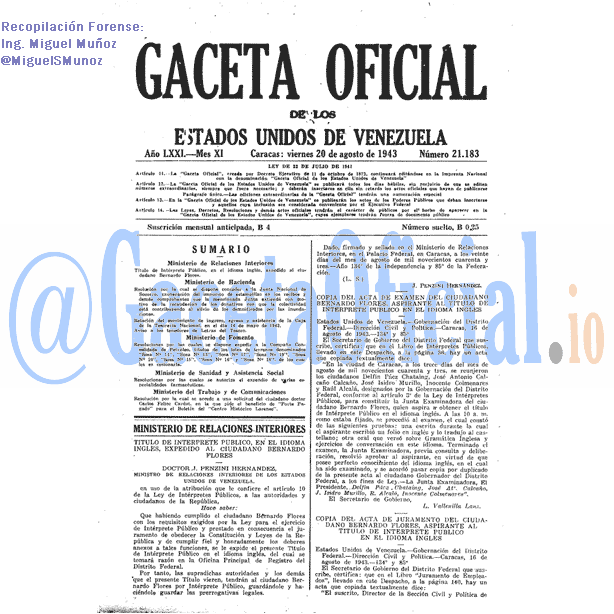 Gaceta Oficial 21183 del 20 Agosto 1943