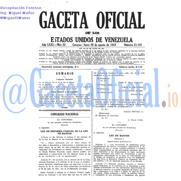 Gaceta Oficial 21191 del 30 Agosto 1943