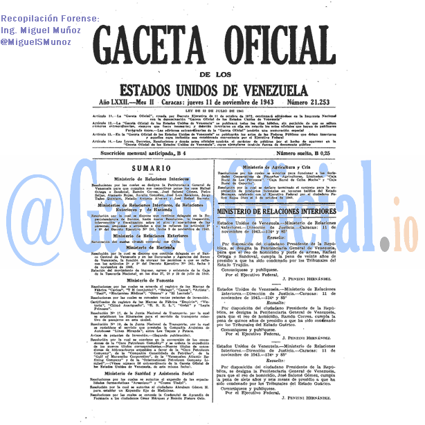 Gaceta Oficial 21253 del 11 Noviembre 1943