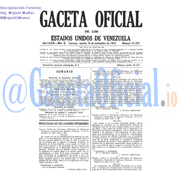 Gaceta Oficial 21257 del 16 Noviembre 1943