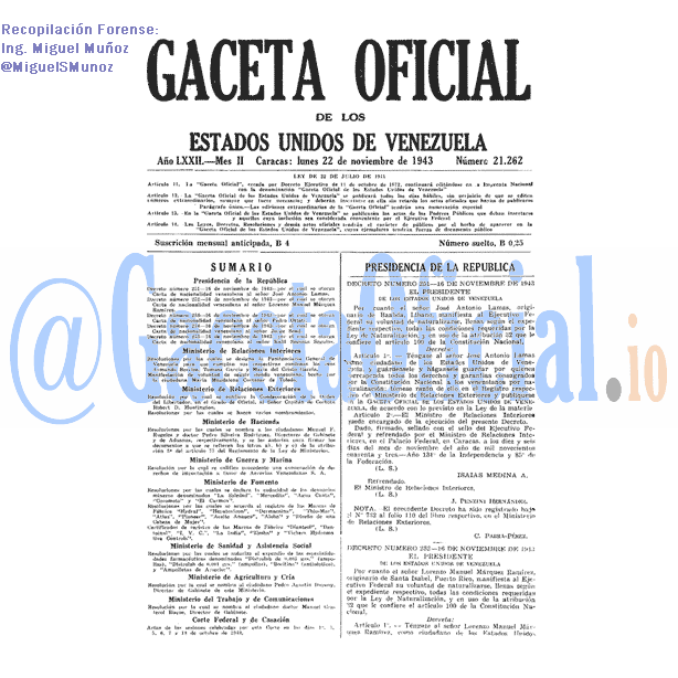Gaceta Oficial 21262 del 22 Noviembre 1943