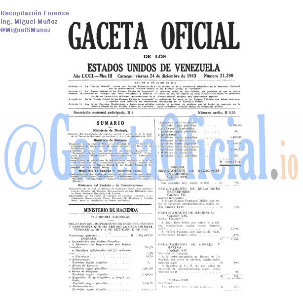 Gaceta Oficial 21290 del 24 Diciembre 1943