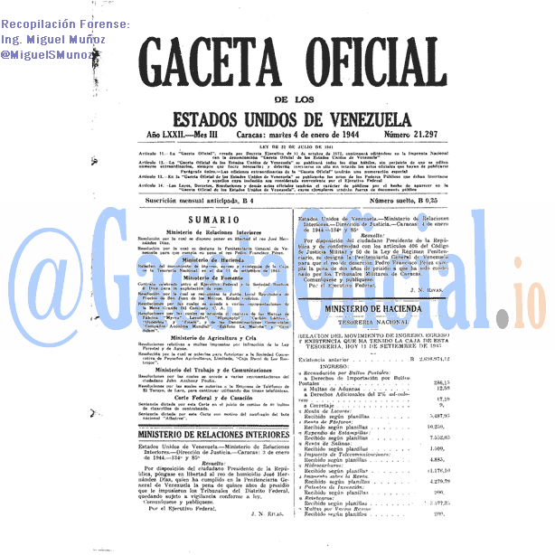 Gaceta Oficial 21297 del 4 Enero 1944