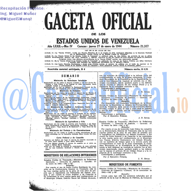 Gaceta Oficial 21317 del 27 Enero 1944