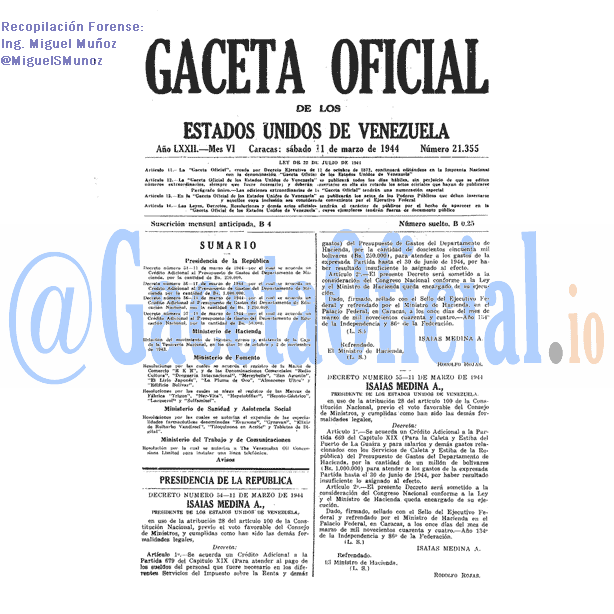 Gaceta Oficial 21355 del 11 Marzo 1944