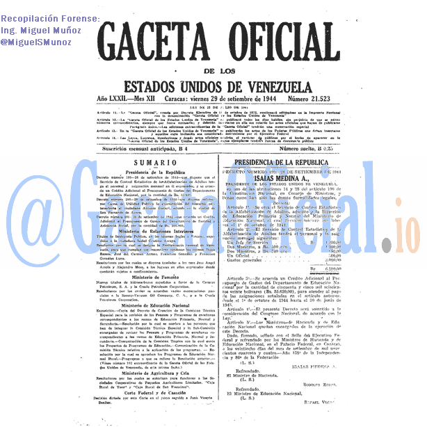 Gaceta Oficial 21523 del 29 Septiembre 1944