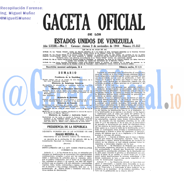 Gaceta Oficial 21552 del 3 Noviembre 1944