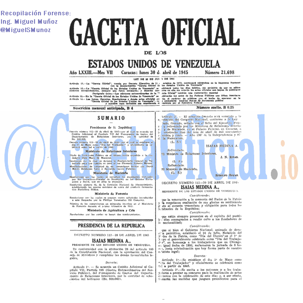 Gaceta Oficial 21698 del 30 Abril 1945
