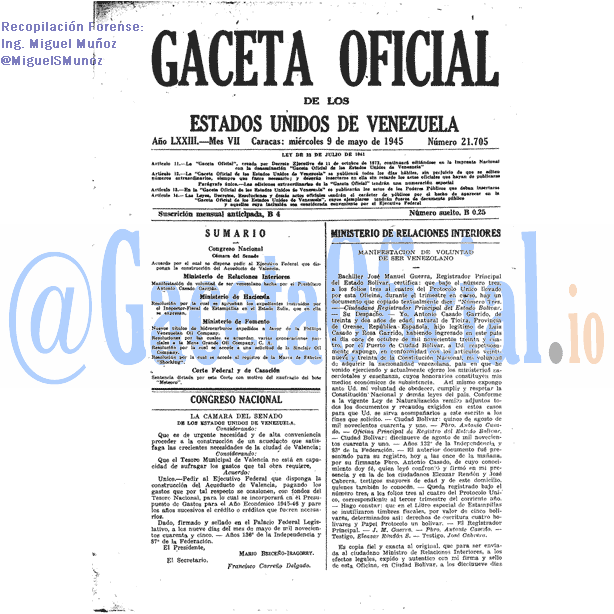 Gaceta Oficial 21705 del 9 Mayo 1945