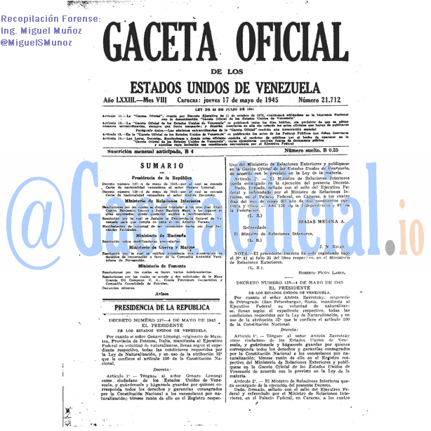 Gaceta Oficial 21712 del 17 Mayo 1945