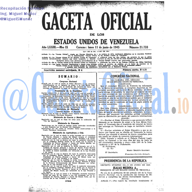 Gaceta Oficial 21733 del 11 Junio 1945