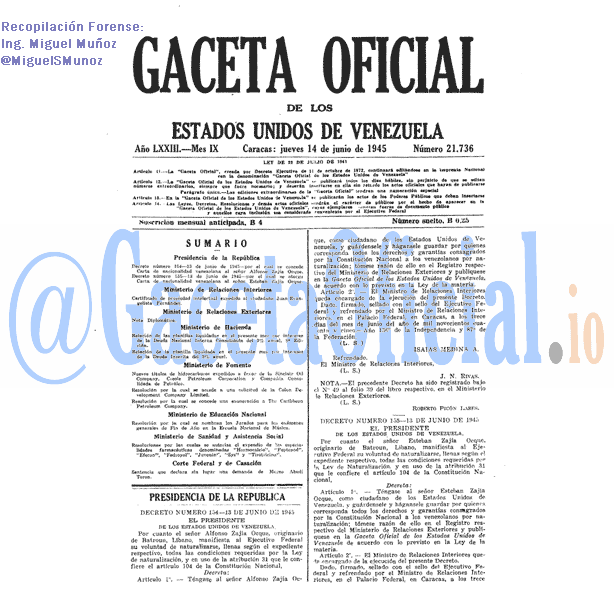 Gaceta Oficial 21736 del 14 Junio 1945