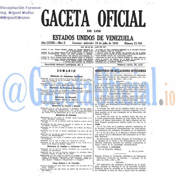 Gaceta Oficial 21764 del 18 Julio 1945