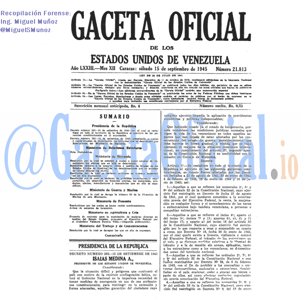 Gaceta Oficial 21813 del 15 Septiembre 1945