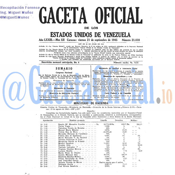 Gaceta Oficial 21818 del 21 Septiembre 1945