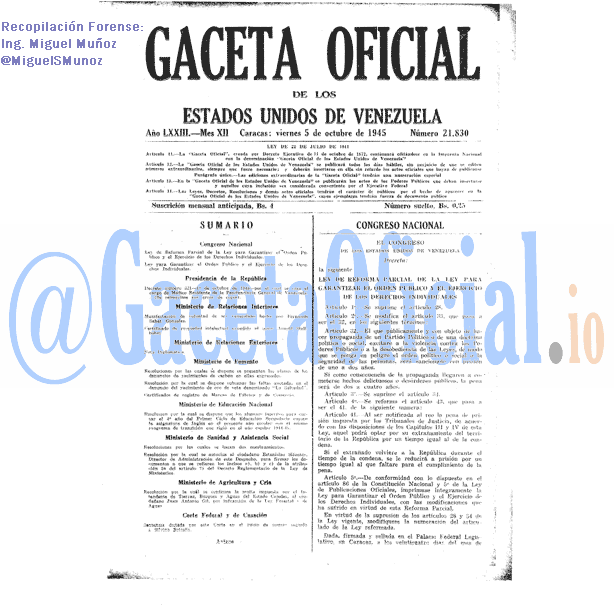 Gaceta Oficial 21830 del 5 Octubre 1945