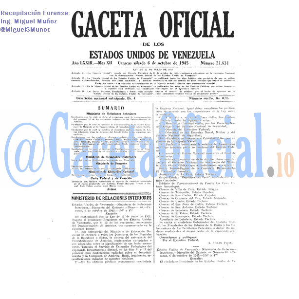 Gaceta Oficial 21831 del 6 Octubre 1945
