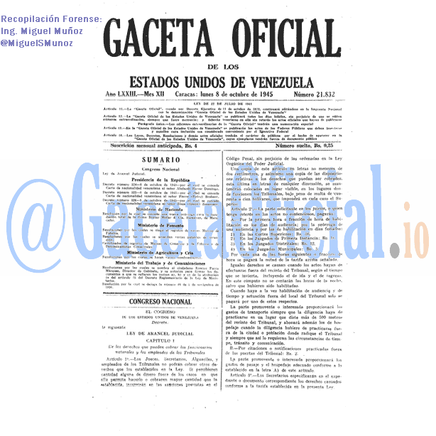 Gaceta Oficial 21832 del 8 Octubre 1945