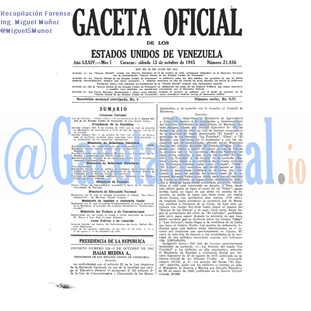 Gaceta Oficial 21836 del 13 Octubre 1945