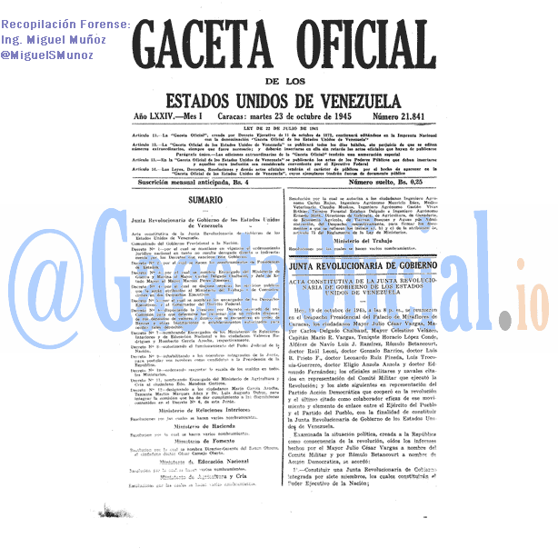 Gaceta Oficial 21841 del 23 Octubre 1945