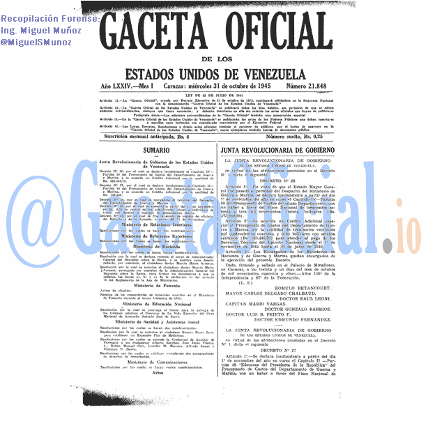 Gaceta Oficial 21848 del 31 Octubre 1945