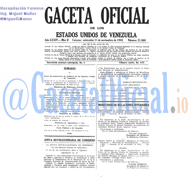 Gaceta Oficial 21860 del 14 Noviembre 1945