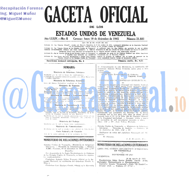Gaceta Oficial 21881 del 10 Diciembre 1945