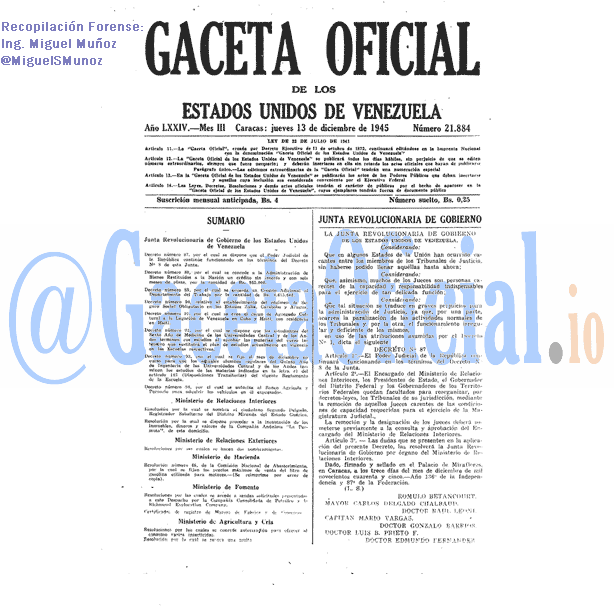 Gaceta Oficial 21884 del 13 Diciembre 1945