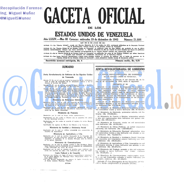 Gaceta Oficial 21888 del 19 Diciembre 1945