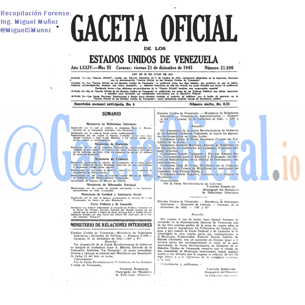 Gaceta Oficial 21890 del 21 Diciembre 1945